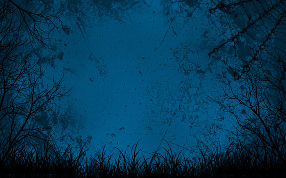 Spooky forest silhouette background with bare trees and grunge texture