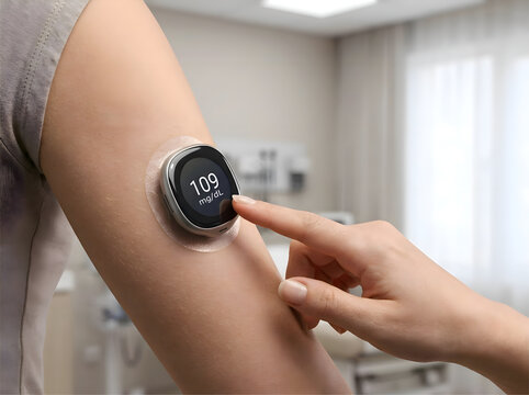 Close-Up of a Wearable Health Monitoring Device Displaying 109 on a Person&rsquo;s Arm &mdash; Smart healthcare technology, personal wellness tracking, medical monitoring, and wearable technology.