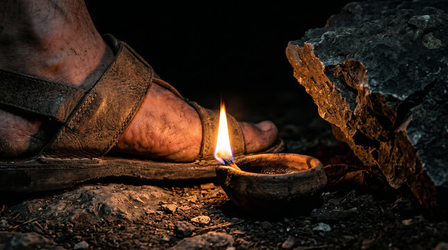 Psalm 119, Your word is a lamp to my feet', An ancient clay oil lamp illuminating a dark, treacherous rocky path at night   