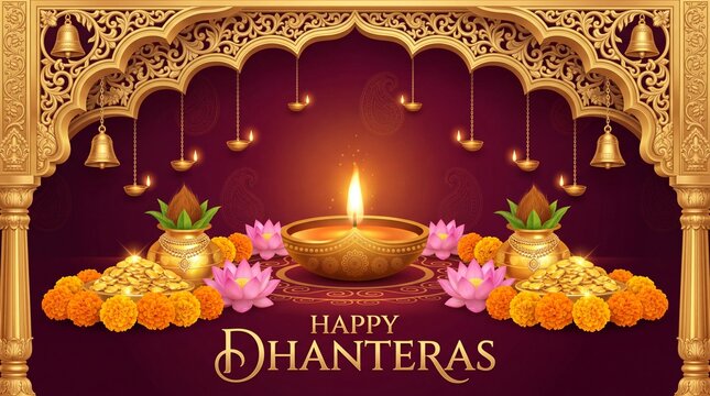 Happy dhanteras festival greeting card design with traditional oil lamp diya flowers and festive golden decorations