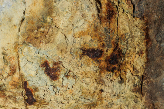 vista dettagliata di una superficie rocciosa naturale dalle tonalit&agrave; di marrone e giallo chiaro e scuro