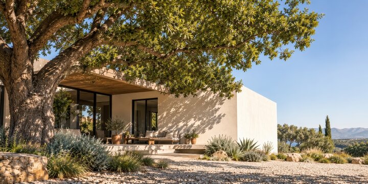 Mature Tree Naturally Cooling Contemporary Home in Extreme Summer Heat
