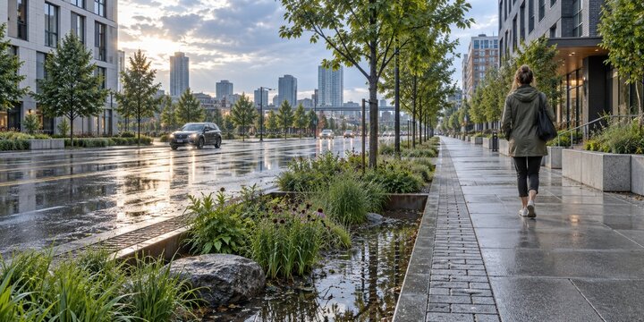 Climate Resilient City Street with Rain Garden After Summer Storm