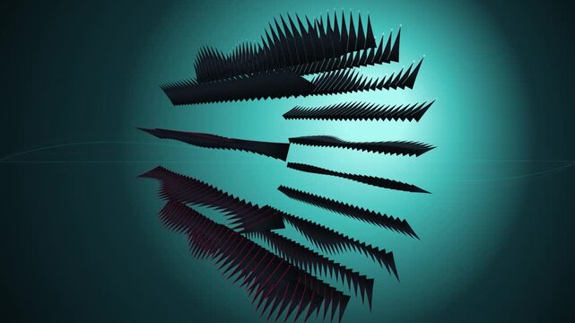 A 3D seamless loop of a glossy black ferrofluid cylinder morphing with metallic spikes. Rippling magnetic field lines catch rich crimson and cyan specular highlights against a dark teal studio backgro