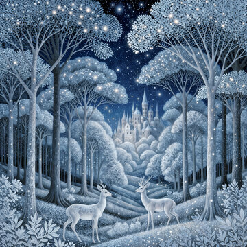 Magical Forest Landscape with Deers and Enchanted Castle Under Starry Night Sky