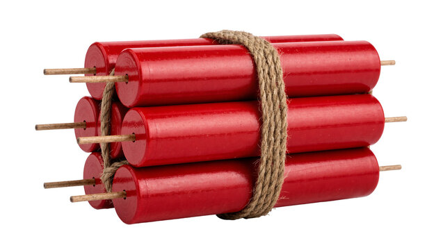 Bundle of red dynamite sticks with wooden fuses tied with rough twine, isolated on transparent background