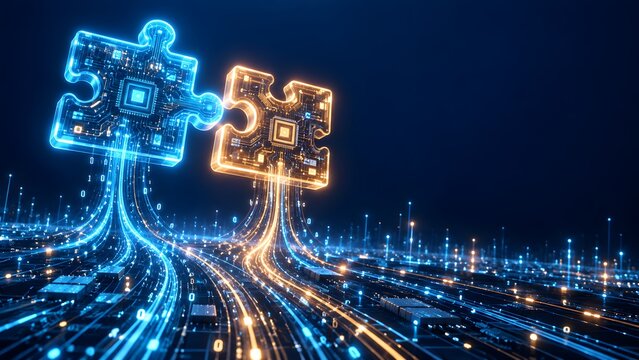Concept of glowing digital jigsaw puzzle pieces connecting over a futuristic fiber optic network symbolizing data integration and synergy