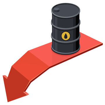 Isometric crude oil barrel on a declining red arrow symbolizing falling fuel prices, market crash, and energy crisis. (cut out)
