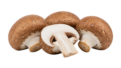 Group of brown cremini mushrooms one cut in half, isolated on transparent background