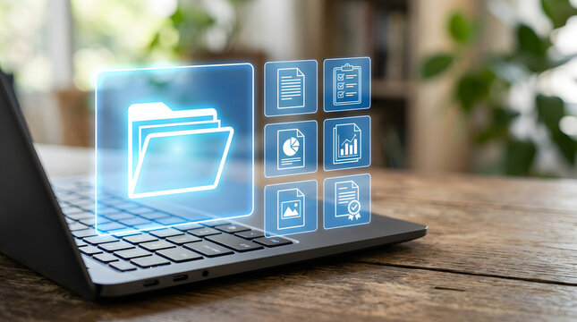 Holographic Folder And Digital Document Icons Floating Above Laptop On Wooden Desk