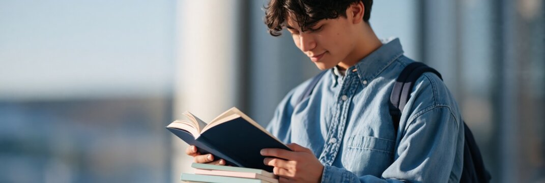 Young male student reading paperback books by window in natural light for education website header and banner background