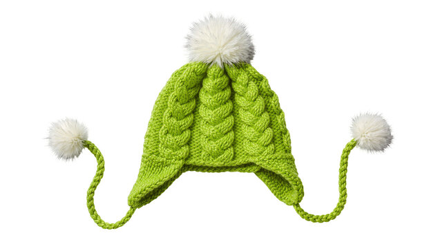 Bright green knitted winter hat with white pom poms, isolated on transparent background
