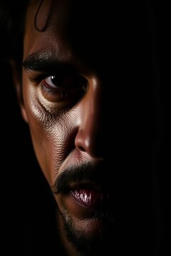 Dramatic Close Up Portrait of Bearded Man Half Hidden in Deep Shadow
