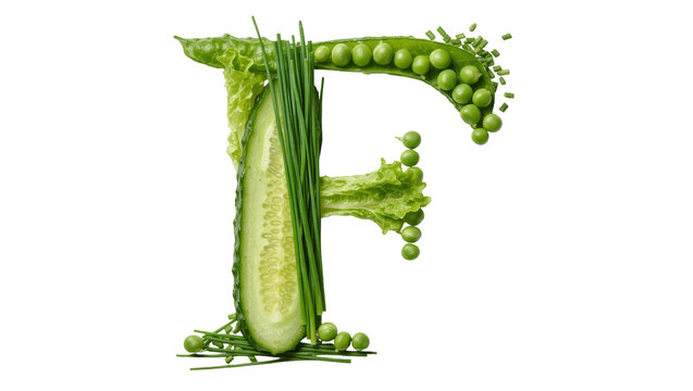 Letter F formed from fresh green vegetables, isolated on transparent background