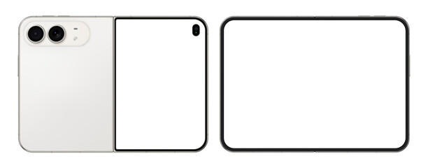 Obraz premium Detailed folded white new mobile phone mockup. Front and rear smartphone view isolated on transparent background. Vector PNG