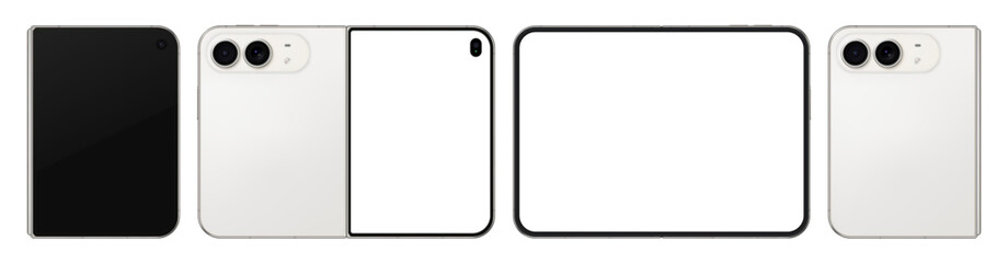 Fototapeta na wymiar Detailed folded white new mobile phone mockup. Front and rear smartphone view isolated on transparent background. Vector PNG