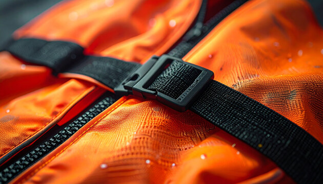 Close up of orange life vest buckle and zipper