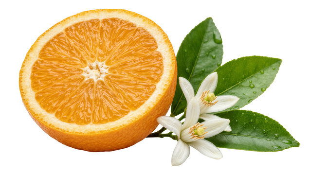 Half orange fruit with fresh green leaves and delicate white blossoms, isolated on transparent background