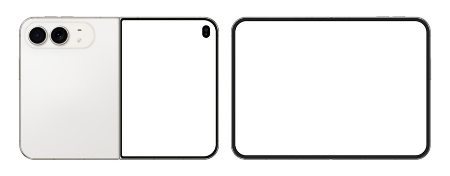 Detailed folded white new mobile phone mockup. Front and rear smartphone view isolated on transparent background. Vector PNG