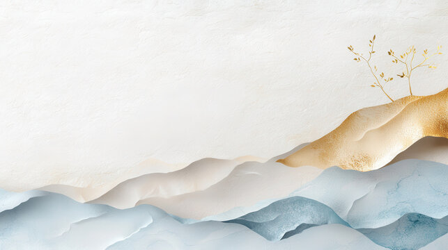 Serene abstract landscape featuring soft waves in blue and white tones, accented by golden elements and delicate foliage