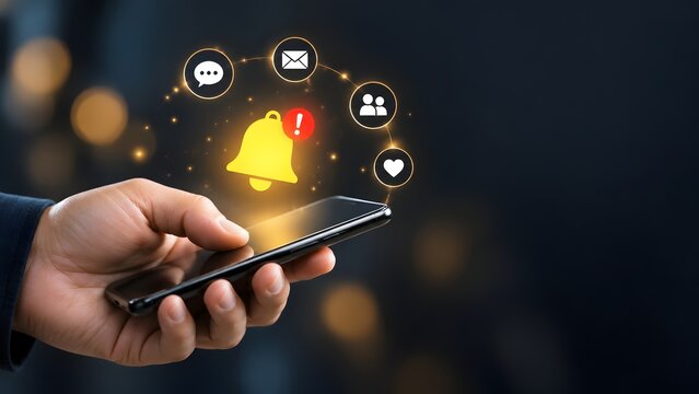 Hands holding a smartphone with glowing digital notification bell and communication icons symbolizing social media alerts and messages