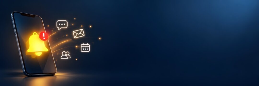 Smartphone displaying a glowing notification bell and communication icons representing social media alerts email messages and calendar reminders