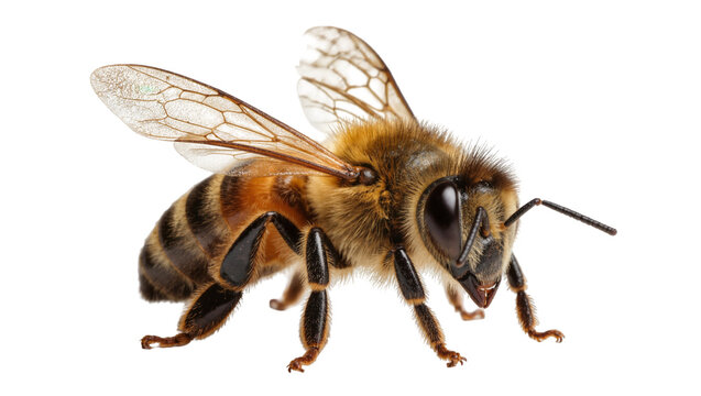 Detailed honey bee with fuzzy body and transparent wings, isolated on transparent background