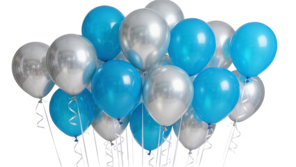 Cluster of blue and silver balloons with ribbons, isolated on transparent background