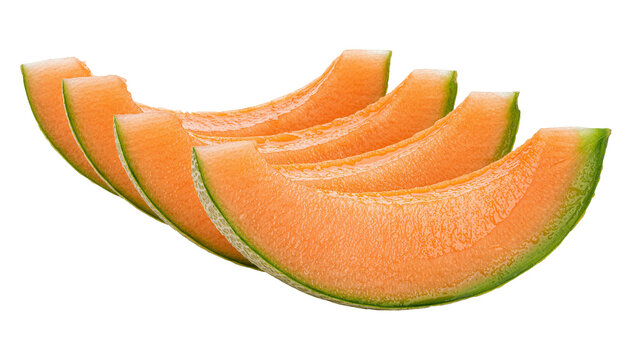 Four ripe cantaloupe slices with green rind, isolated on transparent background