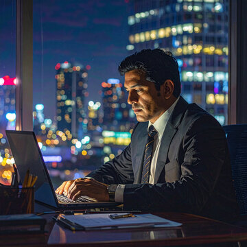 Businessman working late on laptop in office at night