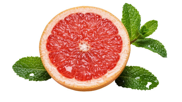 Juicy pink grapefruit slice with fresh mint leaves, isolated on transparent background