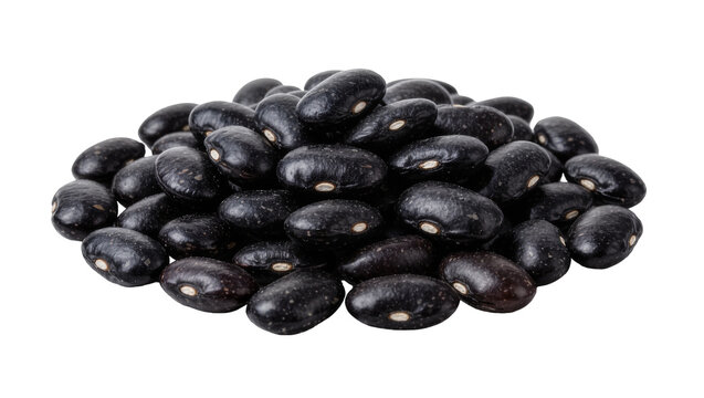 Pile of dark black beans with white hilum, isolated on transparent background