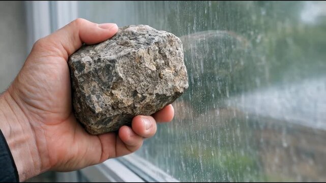 A person stands in front of a window holding a rock, suitable for use in a scene about introspection or contemplation