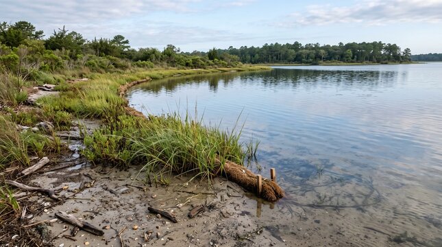 Natural living shoreline using native vegetation to illustrate erosion control, habitat restoration, climate adaptation, and sustainable coastal resilience planning.