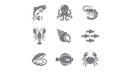 Obraz premium Seafood collection vector illustration featuring various marine animals including fish, octopus, lobster, crab, and shellfish
