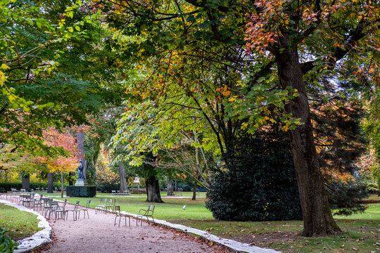 Curving park path beneath autumn trees in Paris France creates a peaceful seasonal landscape with green lawn colorful foliage and a quiet walkway