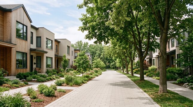 Photorealistic green residential neighborhood showing sustainable landscaping and urban greening for climate resilience, real estate presentations, environmental communication, and urban planning.
