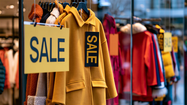 A store window display with holiday sale signage, signage blank, bright natural daylight, unposed documentary style. AI gen