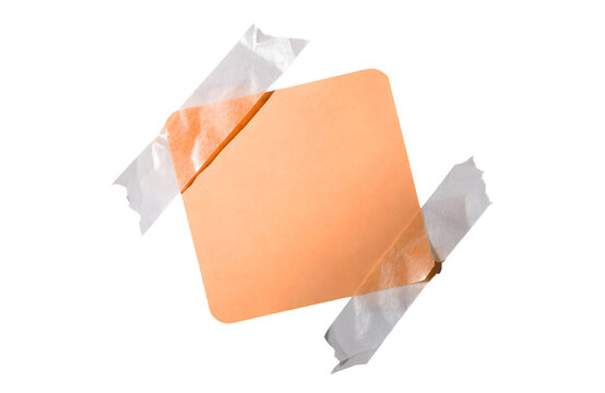Pastel orange blank sticky note held by masking tape pieces, realistic paper texture, isolated transparent PNG for creative stationery and office planning