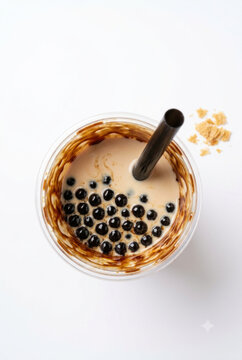 Top view of brown sugar boba milk tea with black tapioca pearls