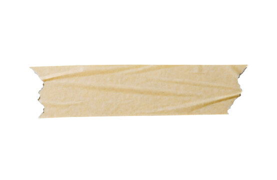 Realistic beige masking tape strip with irregular torn edges, subtle paper fibers, natural wrinkles, isolated transparent PNG for crafts and design overlays