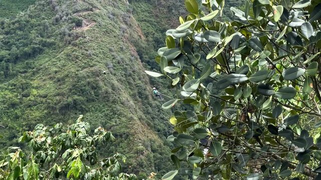 Person zip lining over a lush green mountain valley
