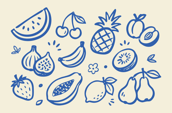 Hand drawn fruit icons in blue ink style, organic fruit sketches collection, rustic summer food illustrations for menu design