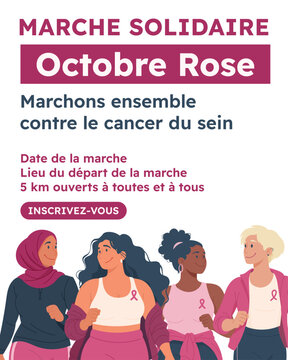 Affiche pour une marche solidaire Octobre Rose contre le cancer du sein, avec quatre femmes diverses, date, lieu, distance et bouton d&rsquo;inscription.