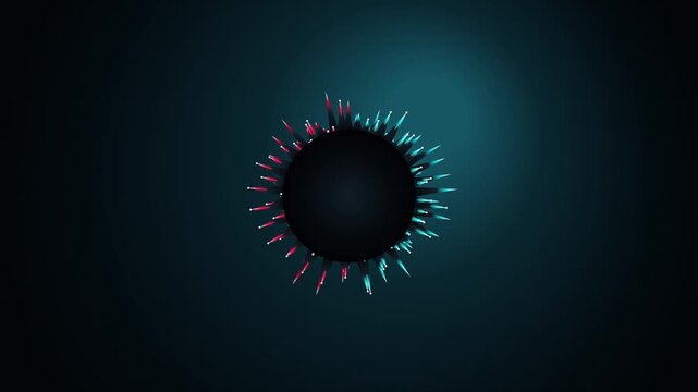Seamless 3D motion loop of a pulsating ferrofluid sphere with dynamic magnetic spikes. Vivid crimson and cyan rim highlights reflect over dark metallic chrome. Ideal for sci-fi VFX, modern tech promos