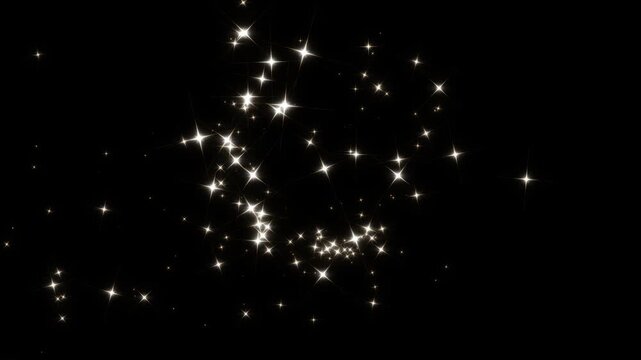 Glowing starlight path with twinkling golden stars, luxury glitter particles, magical fairy dust and bright sparkle bursts, smooth fantasy motion graphics transition on black screen, seamless 4K.