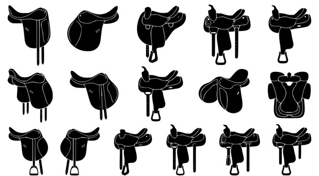 Set of professional horse riding saddles in various styles and designs for equestrian sports and training activities