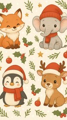 Fototapeta premium Cute festive animal illustrations mobile wallpaper