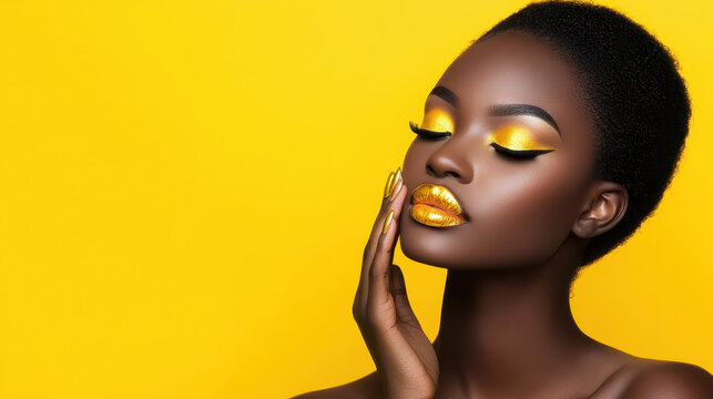 Stunning beauty portrait featuring model with bold yellow makeup against vibrant yellow background, exuding confidence and elegance