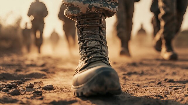 Military boots stride purposefully across desert terrain, bathed in warm, hazy sunlight, representing strength and resolute action